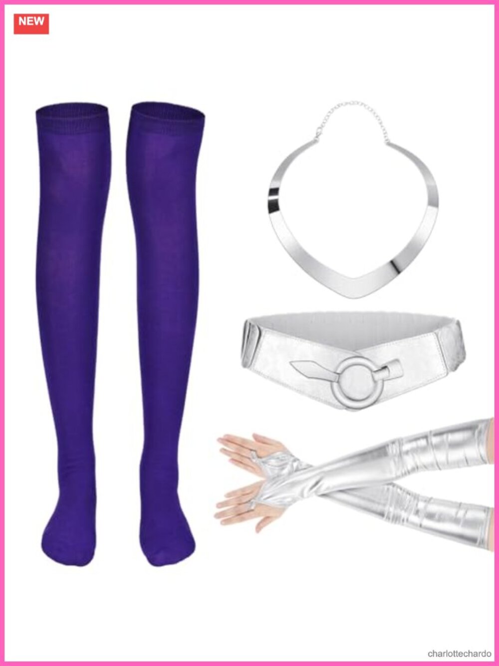 4 Pc Costume Accessory Set Elastic Belt Necklace Gloves Thigh High Stockings